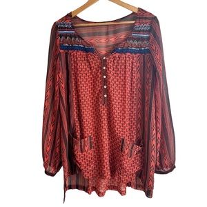 Free People Feather In The Wind Burnt Orange Beaded Sheer Boho Tunic Blouse